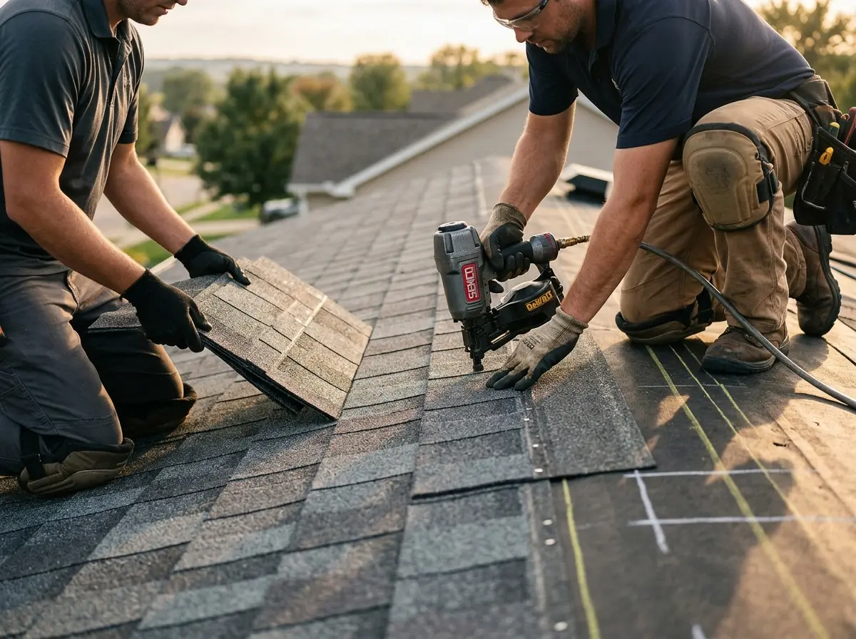 Professional roofer working on a residential roof in Lower Salford